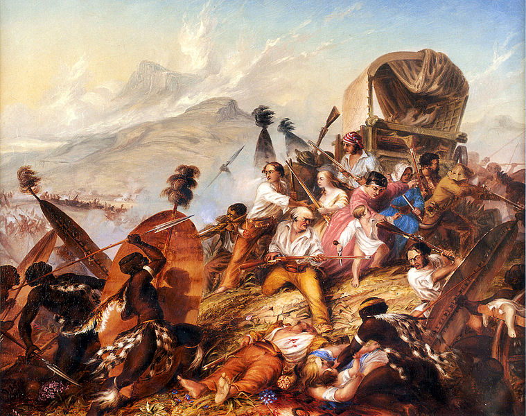 Zulu Krieger greifen Trekburen an (c) Gemälde von Charles Bell 1838