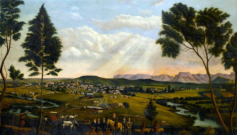 Europäische Siedler erkunden die Drakensberge - Gemälde von Caesar Carl Hans Henkel 1913